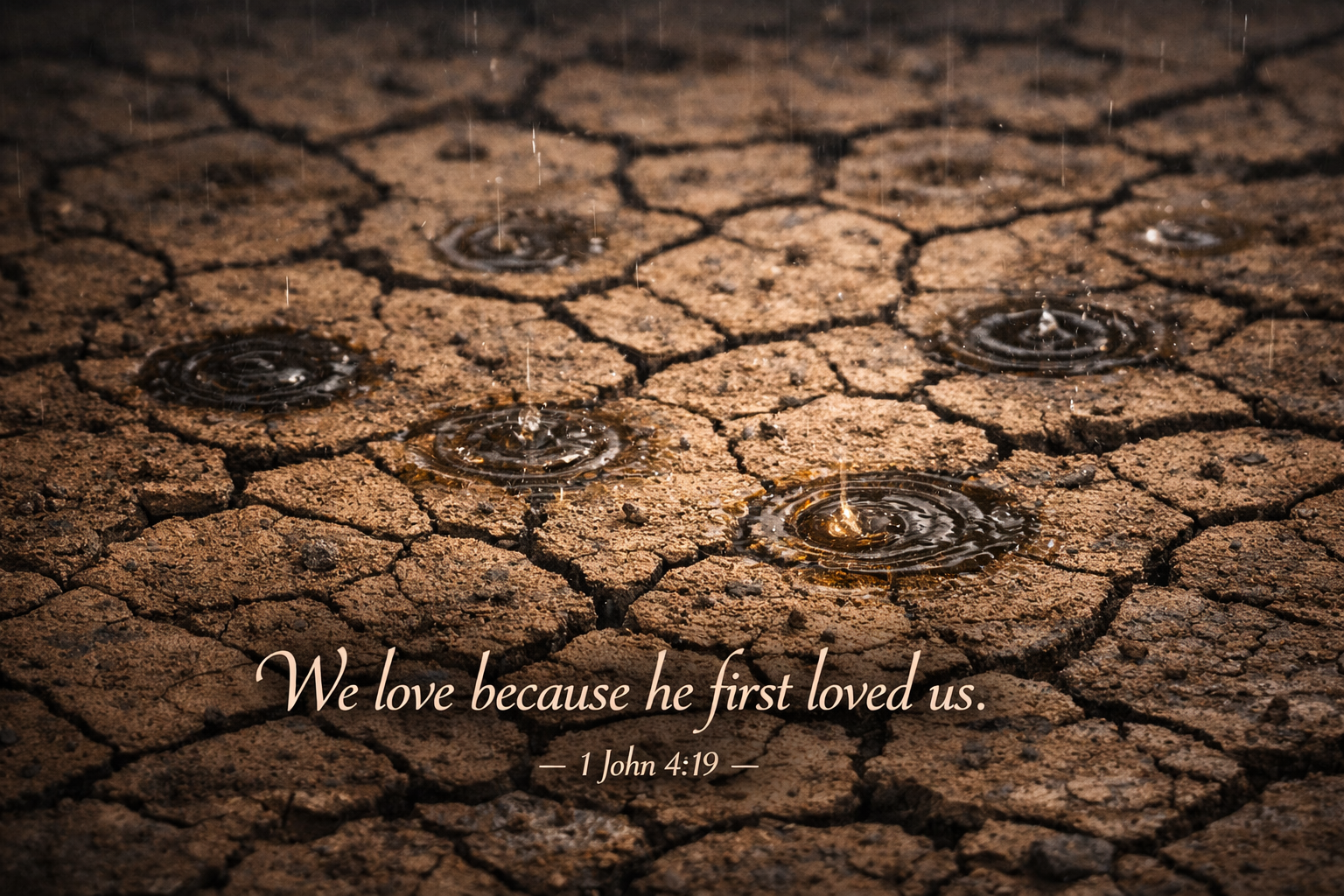 1 John 4:19 Bible verse wallpaper - We love because he first loved us - raindrops falling on dry cracked earth creating ripples
